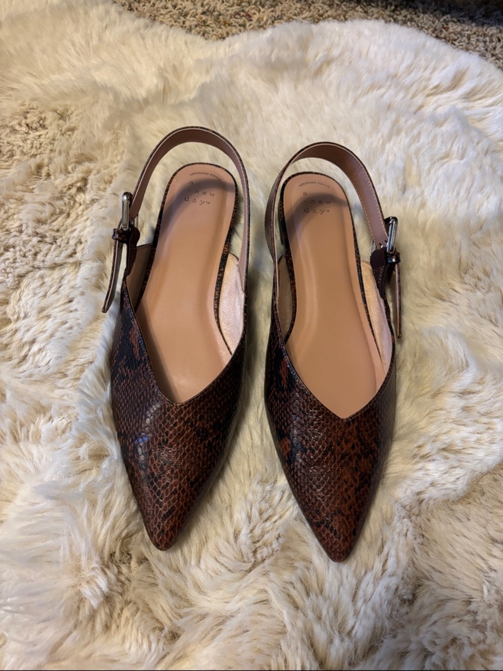 Pointed Toe Slingback Flats in Brown Snake-Print